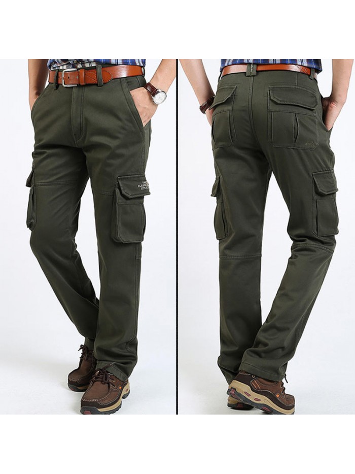 Men's Military Fleece Cotton Outdoor Warm Zipper Fly Multi Pockets Casual Thick Pants