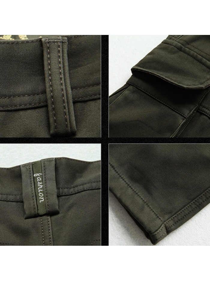 Men's Military Fleece Cotton Outdoor Warm Zipper Fly Multi Pockets Casual Thick Pants