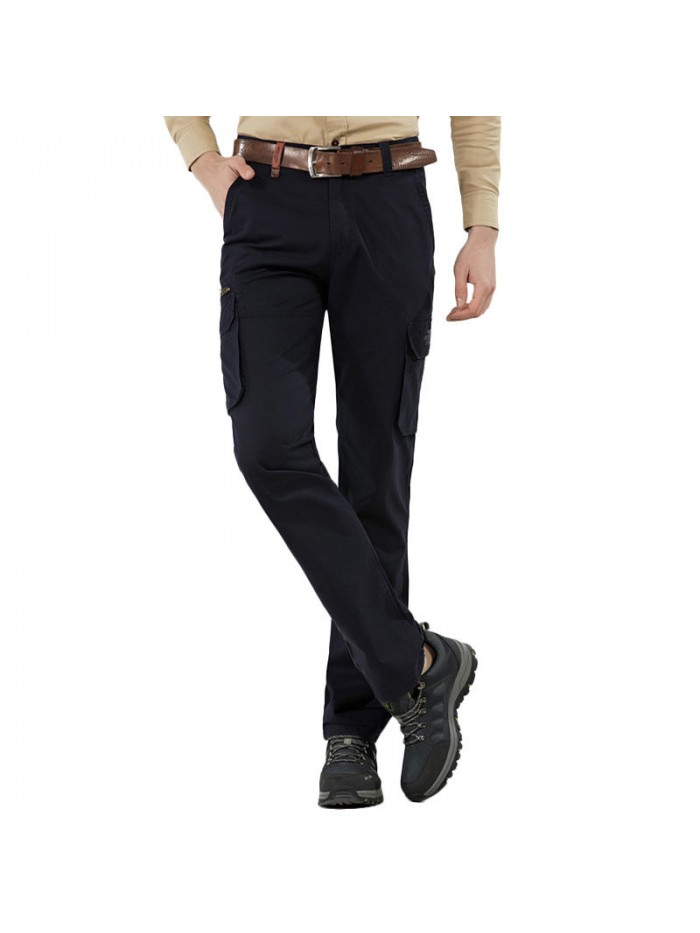 Men's Casual Multi Pockets Cotton Thick Solid Color Zipper Fly Straight Leg Pants