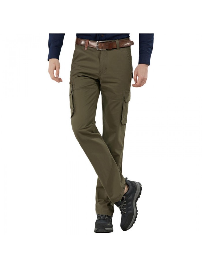 Men's Casual Multi Pockets Cotton Thick Solid Color Zipper Fly Straight Leg Pants