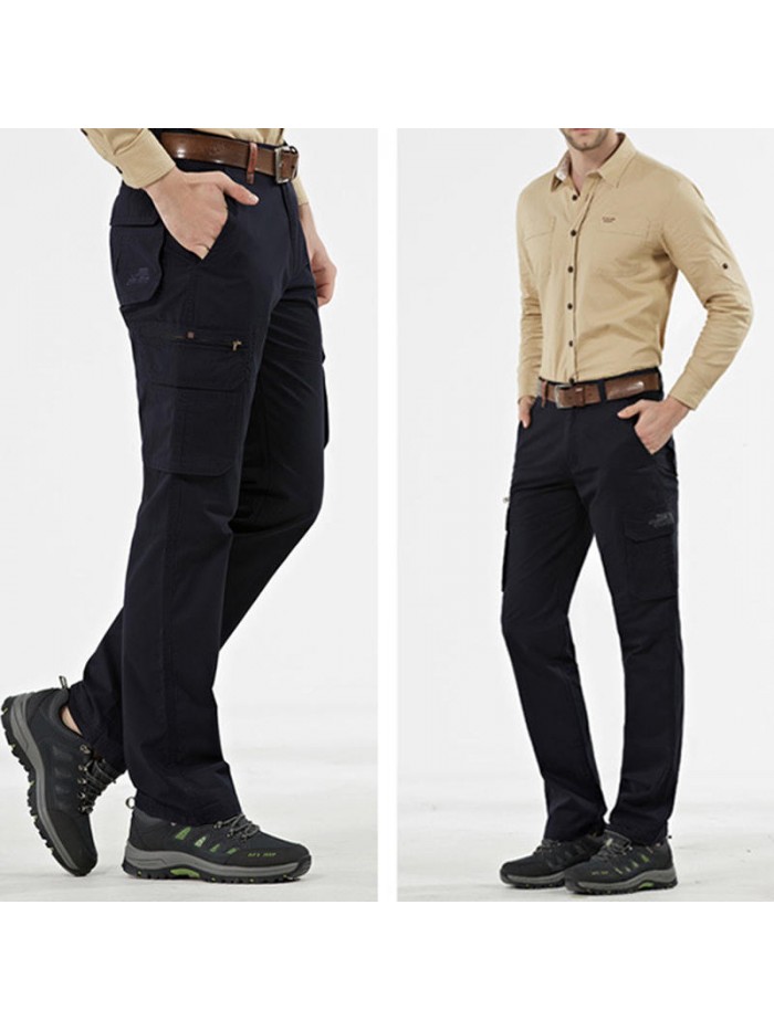 Men's Casual Multi Pockets Cotton Thick Solid Color Zipper Fly Straight Leg Pants