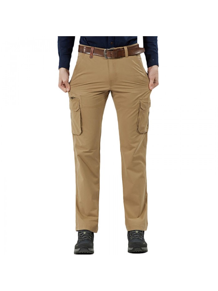 Men's Casual Multi Pockets Cotton Thick Solid Color Zipper Fly Straight Leg Pants