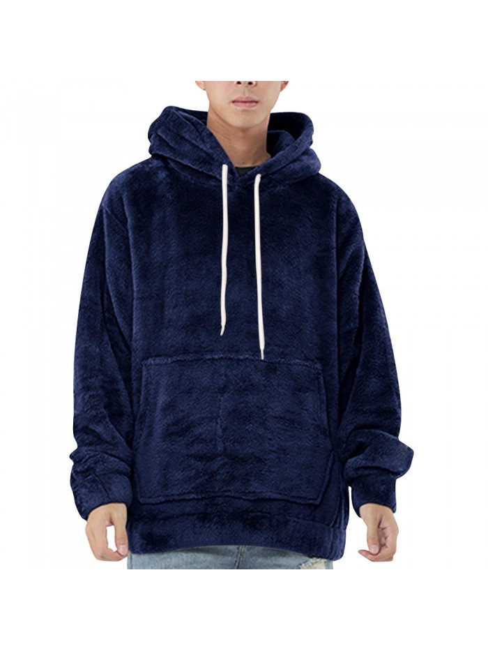 Mens Fleece Solid Color Big Pocket Pullover Hoodies Long Sleeve Sweatshirts