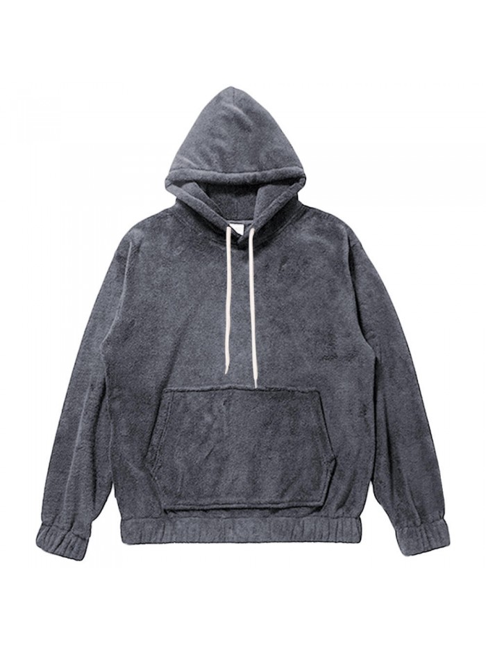 Mens Fleece Solid Color Big Pocket Pullover Hoodies Long Sleeve Sweatshirts