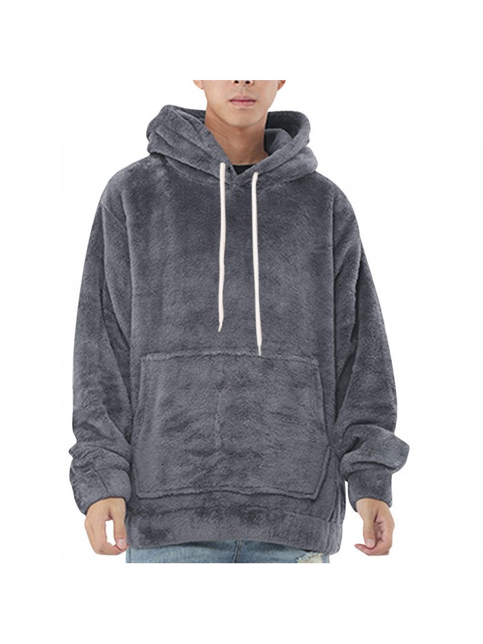 Mens Fleece Solid Color Big Pocket Pullover Hoodies Long Sleeve Sweatshirts