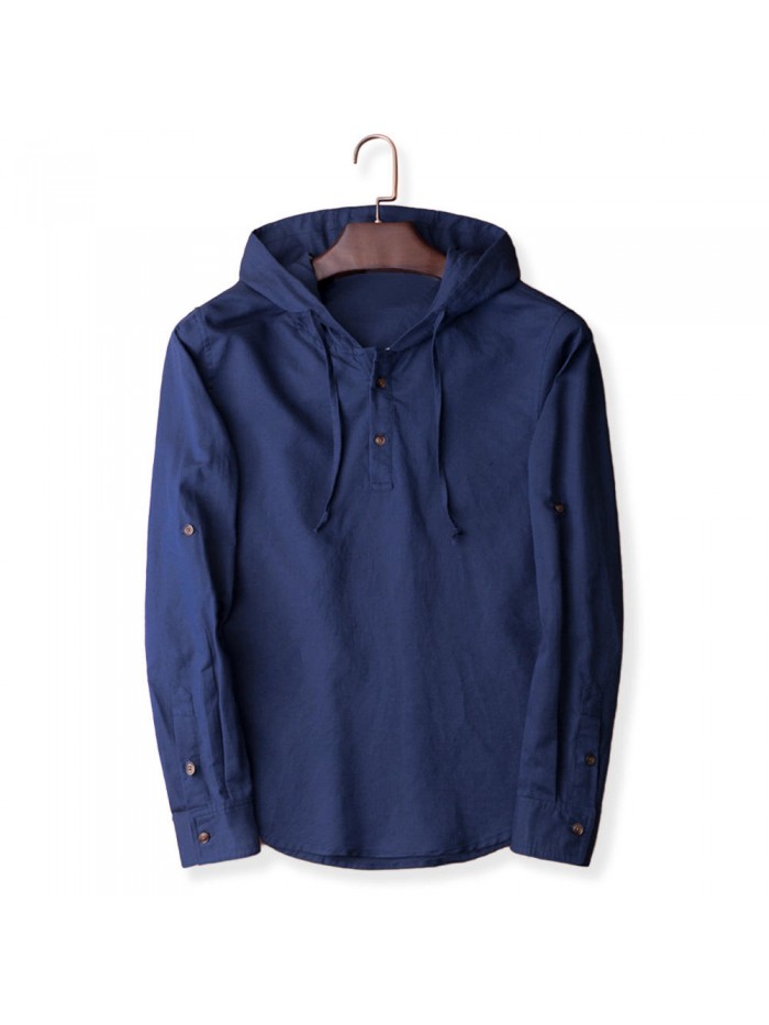 Men's Vintage 100% Cotton Button Design Hoodies Drawstring Solid Color Casual Sweatshirts