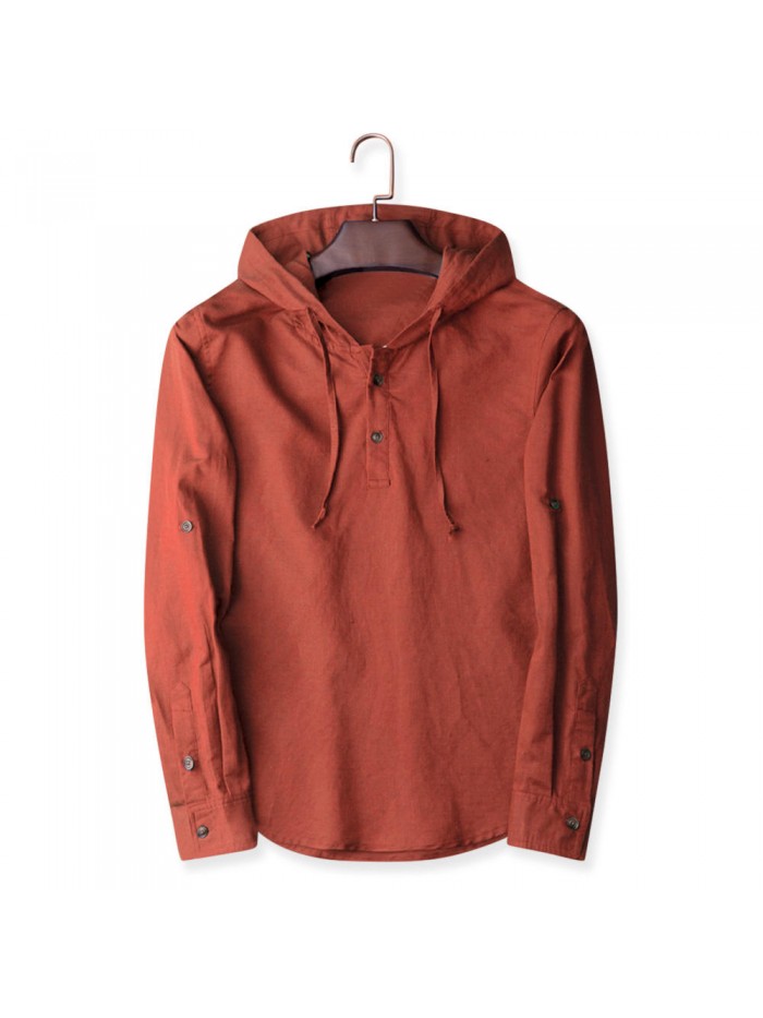 Men's Vintage 100% Cotton Button Design Hoodies Drawstring Solid Color Casual Sweatshirts