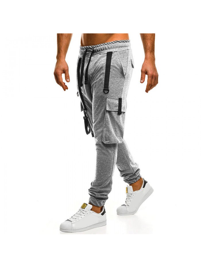 Men's Casual Drawstring Cotton Braces Decoration Multi Pockets Jogger Pants