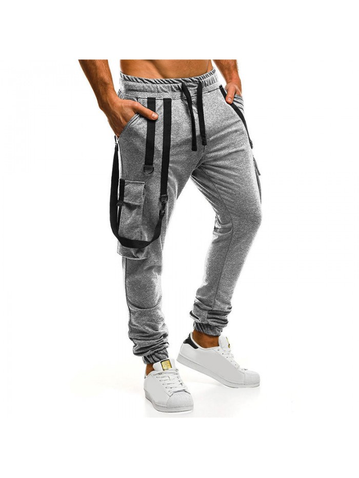 Men's Casual Drawstring Cotton Braces Decoration Multi Pockets Jogger Pants