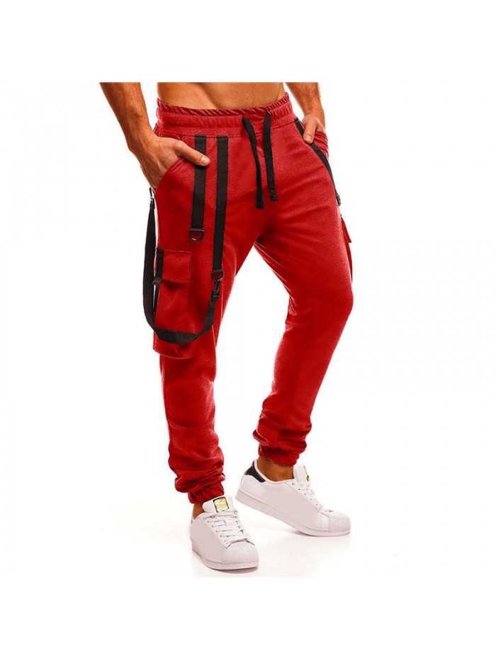 Men's Casual Drawstring Cotton Braces Decoration Multi Pockets Jogger Pants