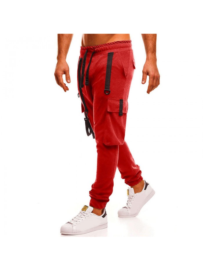 Men's Casual Drawstring Cotton Braces Decoration Multi Pockets Jogger Pants