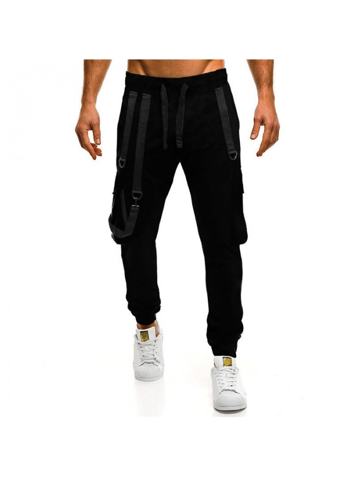 Men's Casual Drawstring Cotton Braces Decoration Multi Pockets Jogger Pants