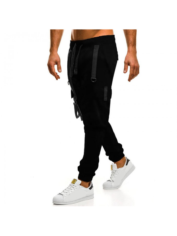 Men's Casual Drawstring Cotton Braces Decoration Multi Pockets Jogger Pants