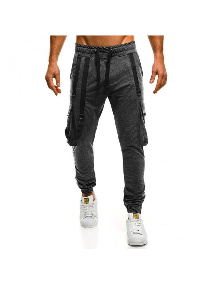 Men's Casual Drawstring Cotton Braces Decoration Multi Pockets Jogger Pants