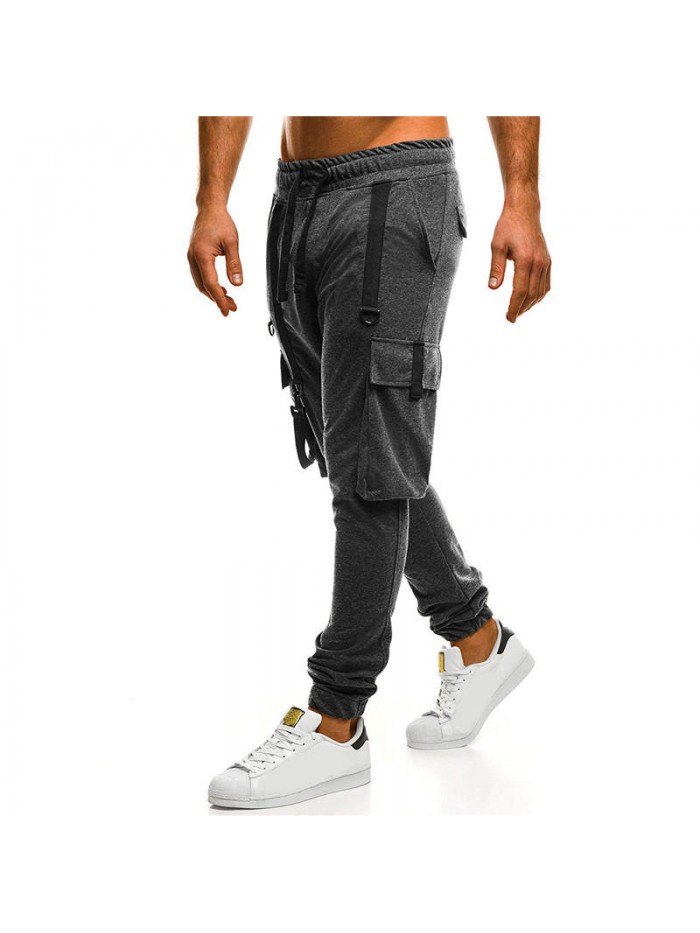 Men's Casual Drawstring Cotton Braces Decoration Multi Pockets Jogger Pants