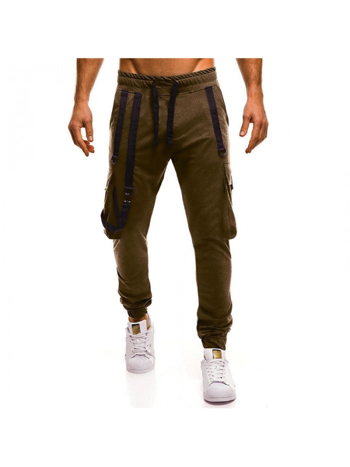 Men's Casual Drawstring Cotton Braces Decoration Multi Pockets Jogger Pants