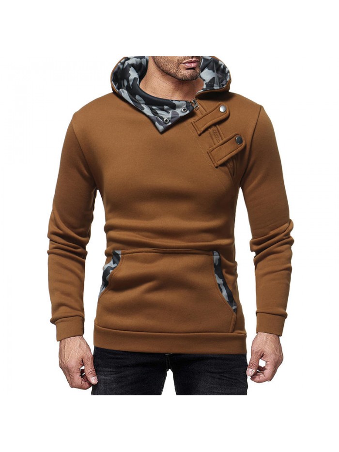 Men's Cotton Hooded Camouflage Bias Buttons Pullover Casual Long Sleeve Sweatshirt