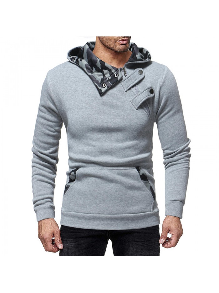 Men's Cotton Hooded Camouflage Bias Buttons Pullover Casual Long Sleeve Sweatshirt