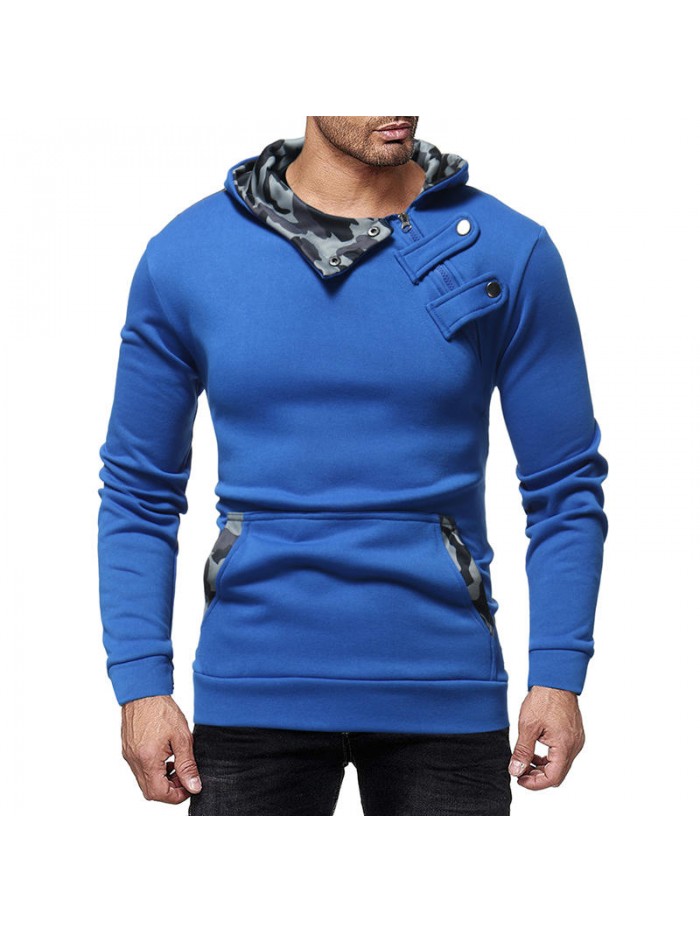 Men's Cotton Hooded Camouflage Bias Buttons Pullover Casual Long Sleeve Sweatshirt