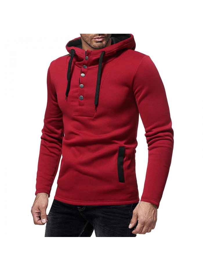 Men's Casual Slim Cotton Buttons Drawstring Hoodies Long Sleeve Sweatshirts