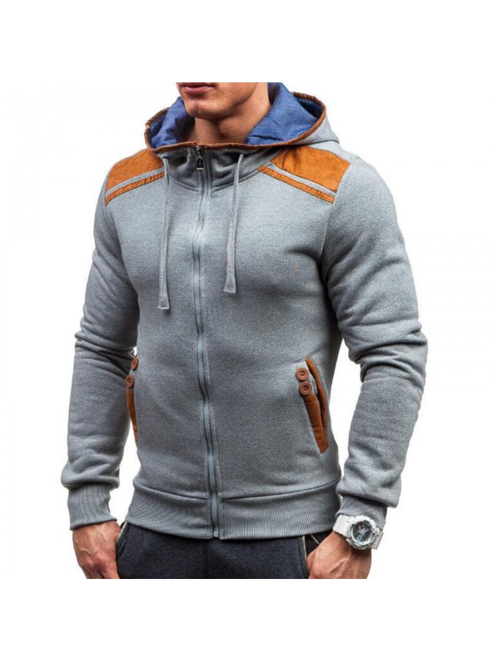 Men's Fashion Button Pockets Zipper Drawstring Hoodies Color Block Casual Sweatshirts