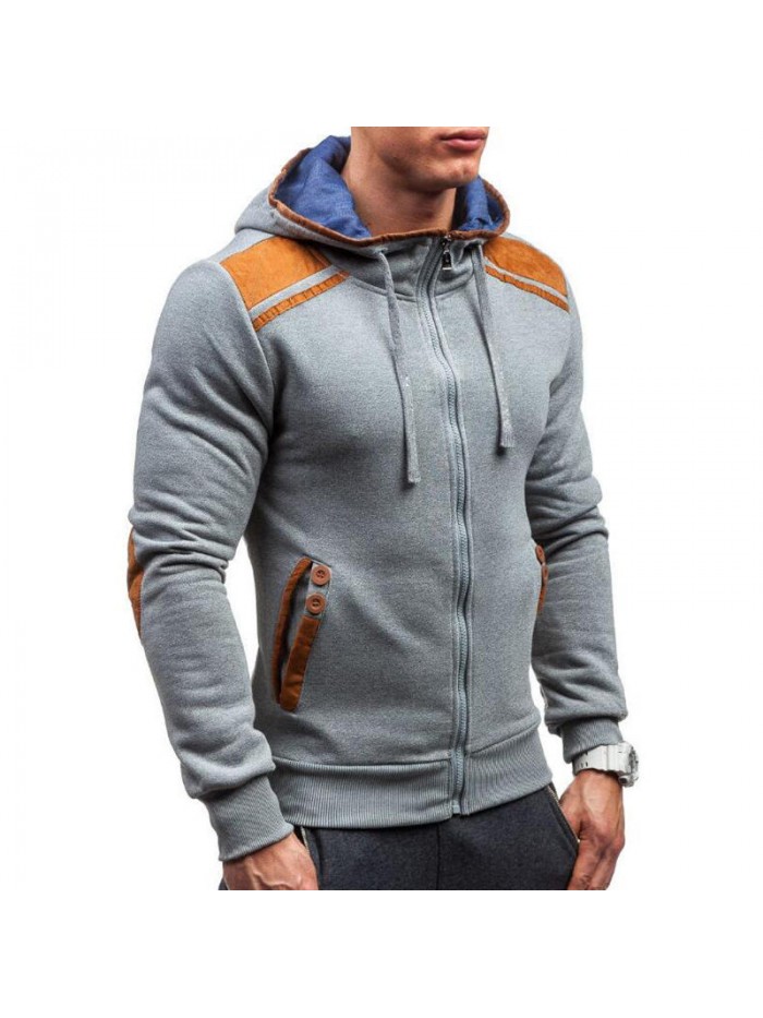 Men's Fashion Button Pockets Zipper Drawstring Hoodies Color Block Casual Sweatshirts