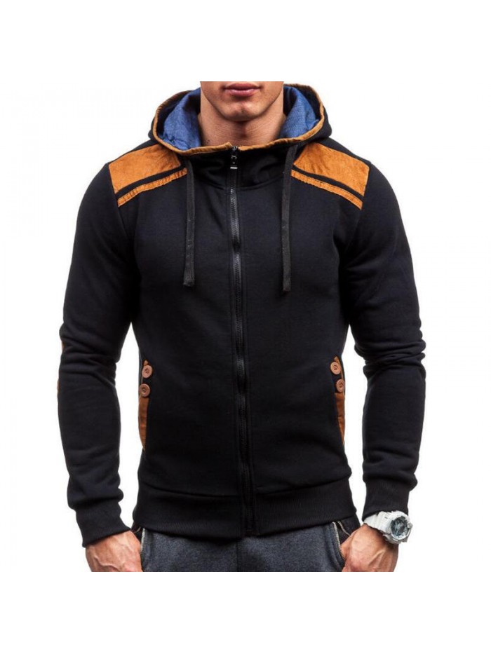 Men's Fashion Button Pockets Zipper Drawstring Hoodies Color Block Casual Sweatshirts