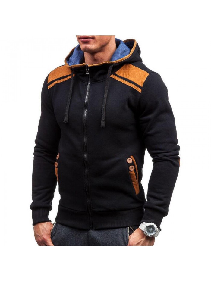 Men's Fashion Button Pockets Zipper Drawstring Hoodies Color Block Casual Sweatshirts