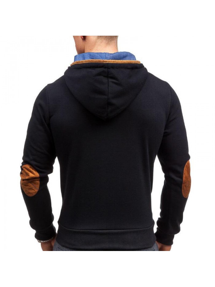 Men's Fashion Button Pockets Zipper Drawstring Hoodies Color Block Casual Sweatshirts