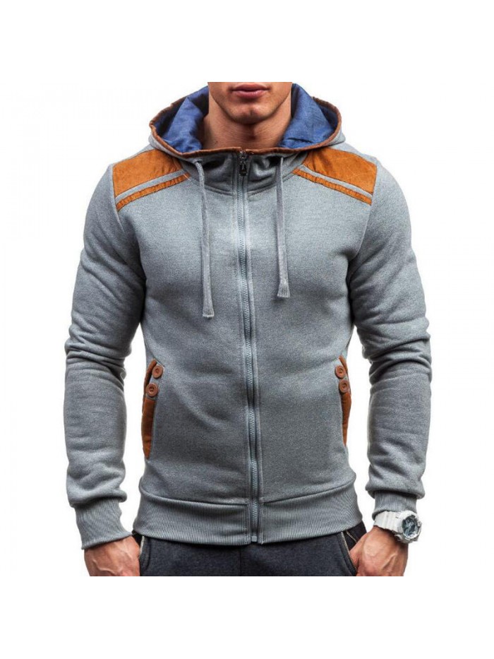 Men's Fashion Button Pockets Zipper Drawstring Hoodies Color Block Casual Sweatshirts