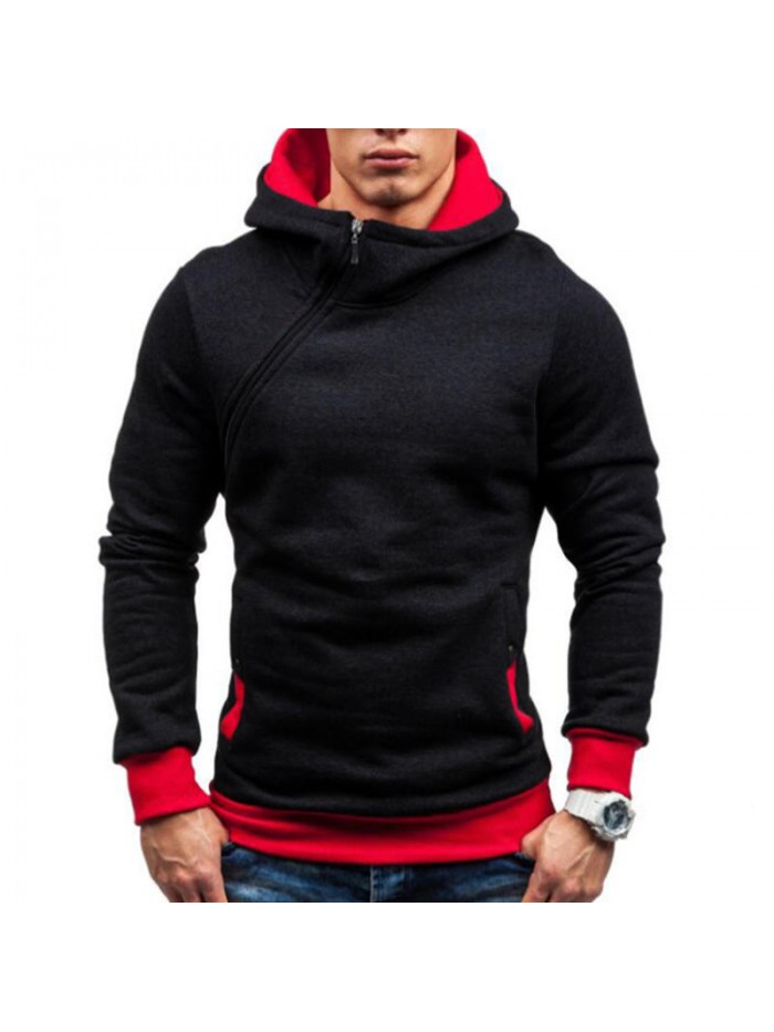 Men's Casual Modish Tilted Zipper Patchwork Buttons Pocket Design Hooded Long Sleeve Sweatshirt