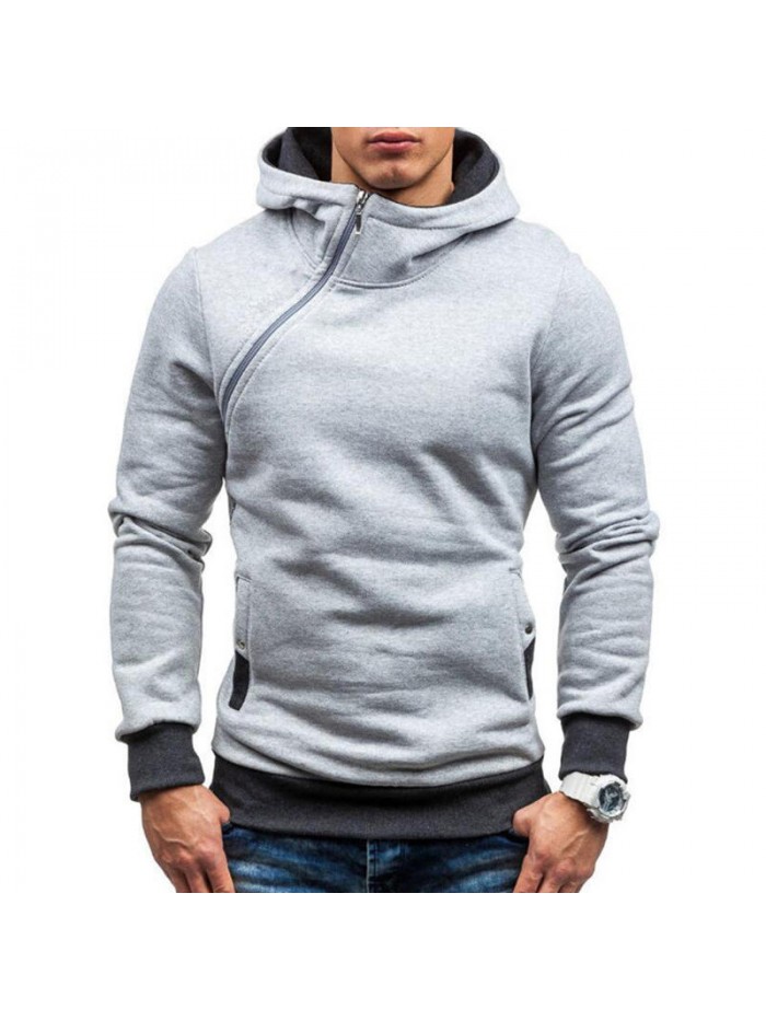 Men's Casual Modish Tilted Zipper Patchwork Buttons Pocket Design Hooded Long Sleeve Sweatshirt