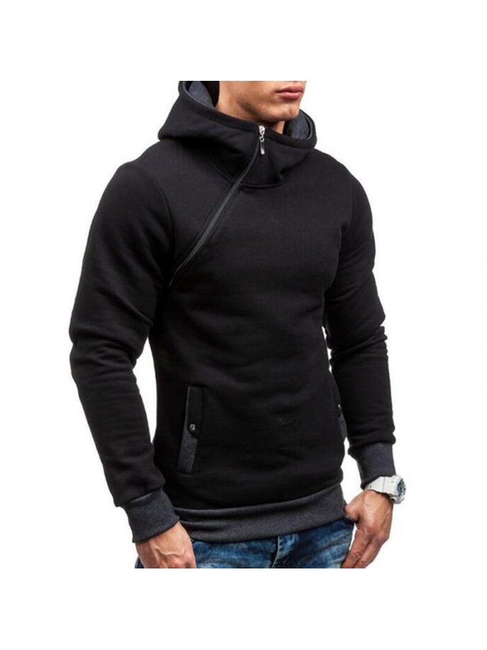 Men's Casual Modish Tilted Zipper Patchwork Buttons Pocket Design Hooded Long Sleeve Sweatshirt