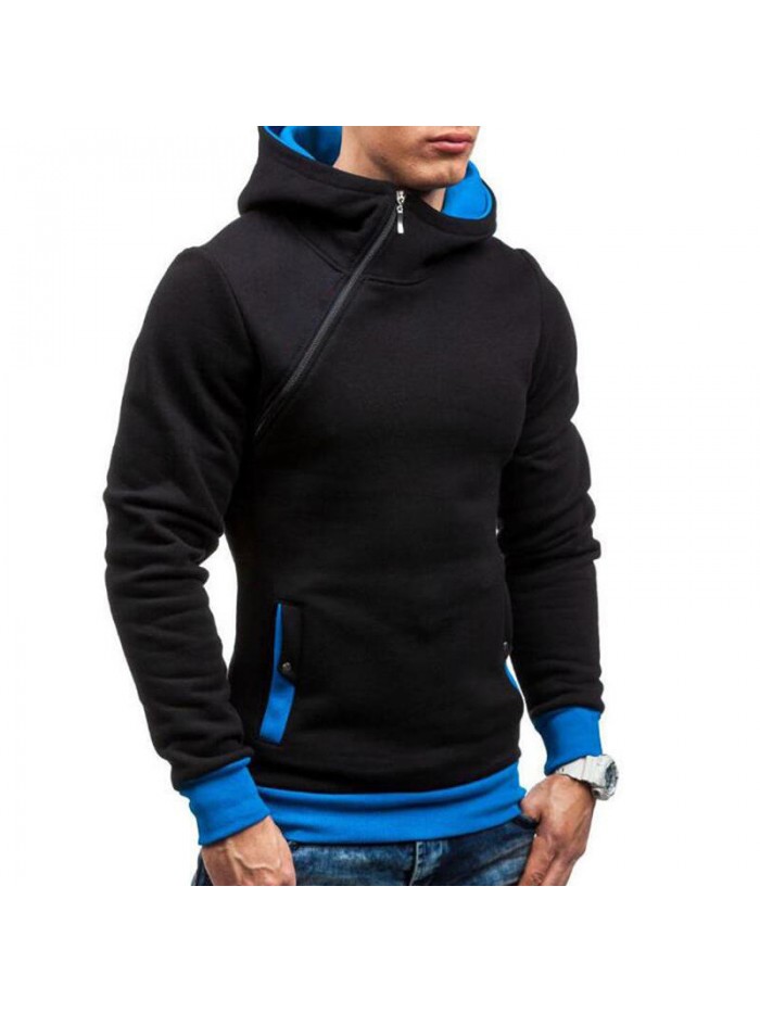 Men's Casual Modish Tilted Zipper Patchwork Buttons Pocket Design Hooded Long Sleeve Sweatshirt