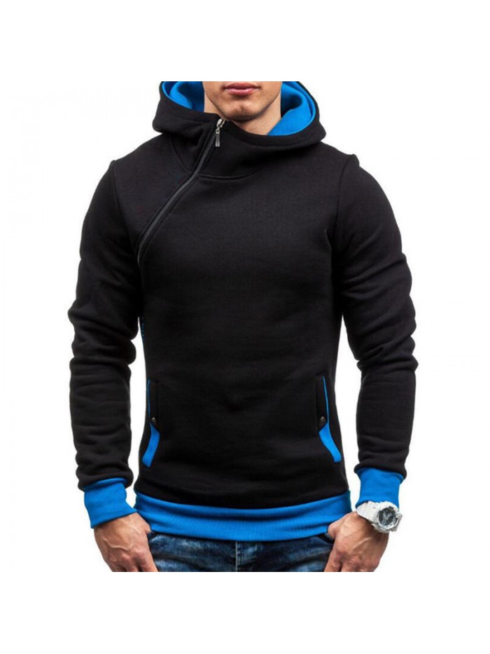 Men's Casual Modish Tilted Zipper Patchwork Buttons Pocket Design Hooded Long Sleeve Sweatshirt