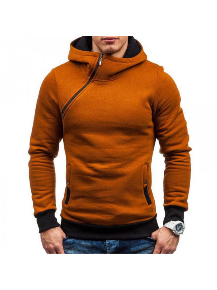 Men's Casual Modish Tilted Zipper Patchwork Buttons Pocket Design Hooded Long Sleeve Sweatshirt