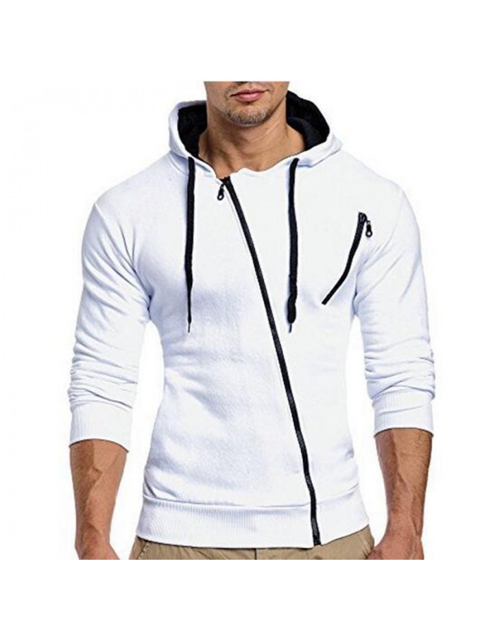 Men's Fashion Fit Diagonal Zipper Design Pure Color Hooded Long Sleeve Sweatshirt