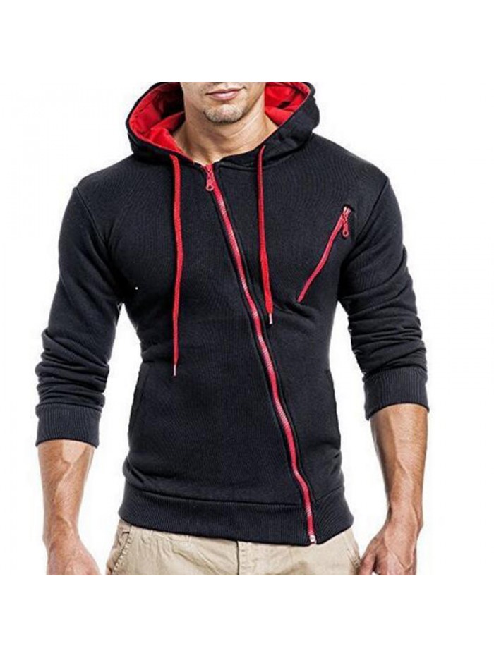 Men's Fashion Fit Diagonal Zipper Design Pure Color Hooded Long Sleeve Sweatshirt