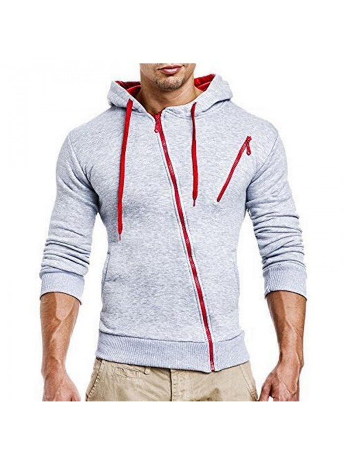 Men's Fashion Fit Diagonal Zipper Design Pure Color Hooded Long Sleeve Sweatshirt