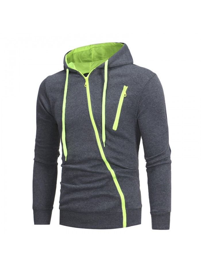 Men's Fashion Fit Diagonal Zipper Design Pure Color Hooded Long Sleeve Sweatshirt