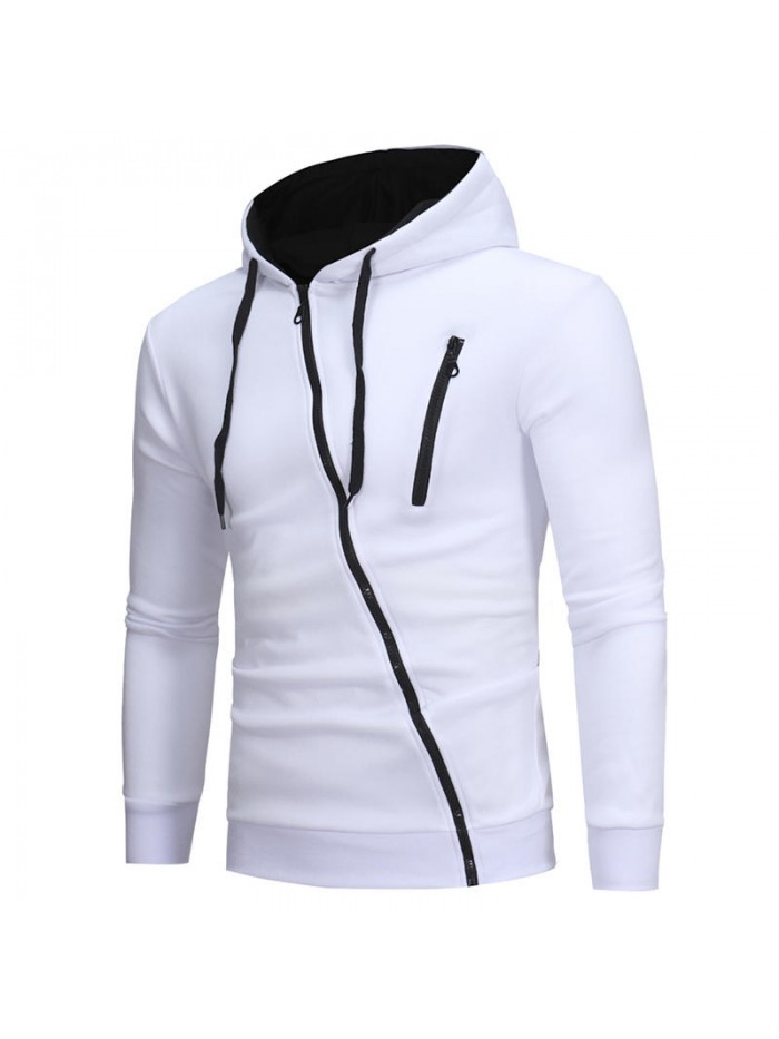 Men's Fashion Fit Diagonal Zipper Design Pure Color Hooded Long Sleeve Sweatshirt