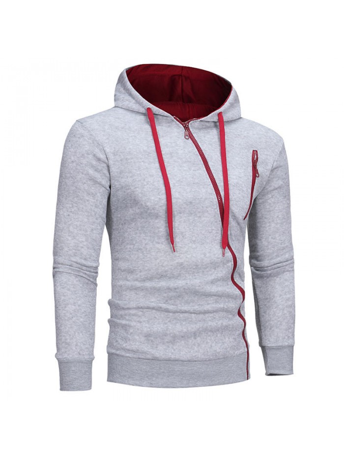 Men's Fashion Fit Diagonal Zipper Design Pure Color Hooded Long Sleeve Sweatshirt