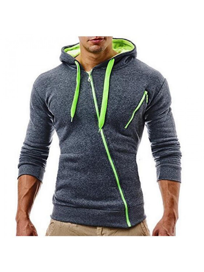 Men's Fashion Fit Diagonal Zipper Design Pure Color Hooded Long Sleeve Sweatshirt