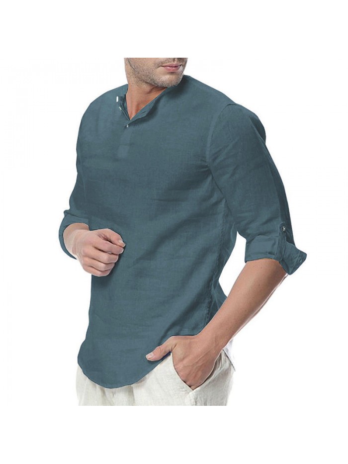 Mens Cotton Button Neck Casual Long Sleeve Slim Fit Shirt Tee Tops