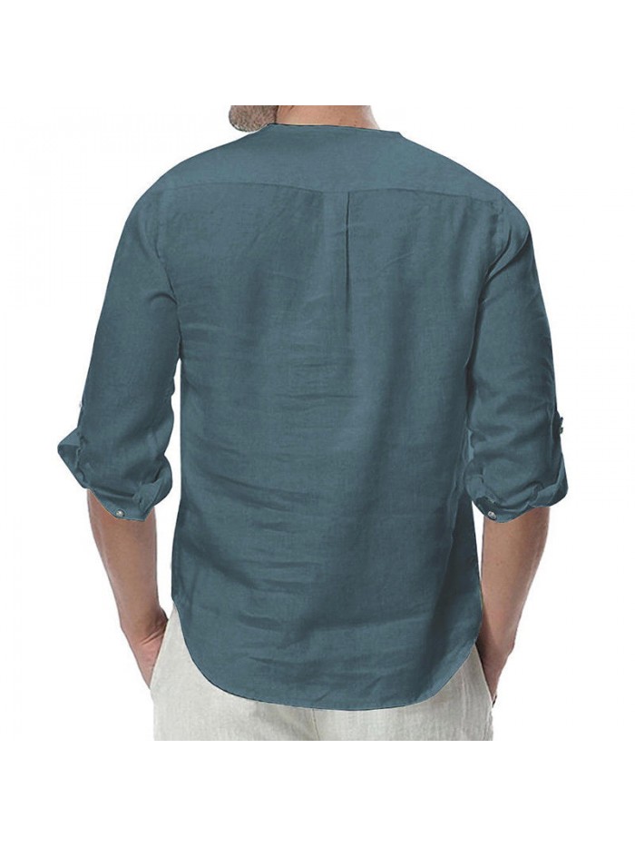 Mens Cotton Button Neck Casual Long Sleeve Slim Fit Shirt Tee Tops