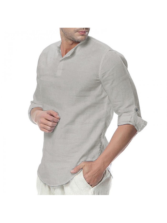 Mens Cotton Button Neck Casual Long Sleeve Slim Fit Shirt Tee Tops