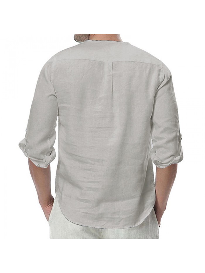 Mens Cotton Button Neck Casual Long Sleeve Slim Fit Shirt Tee Tops