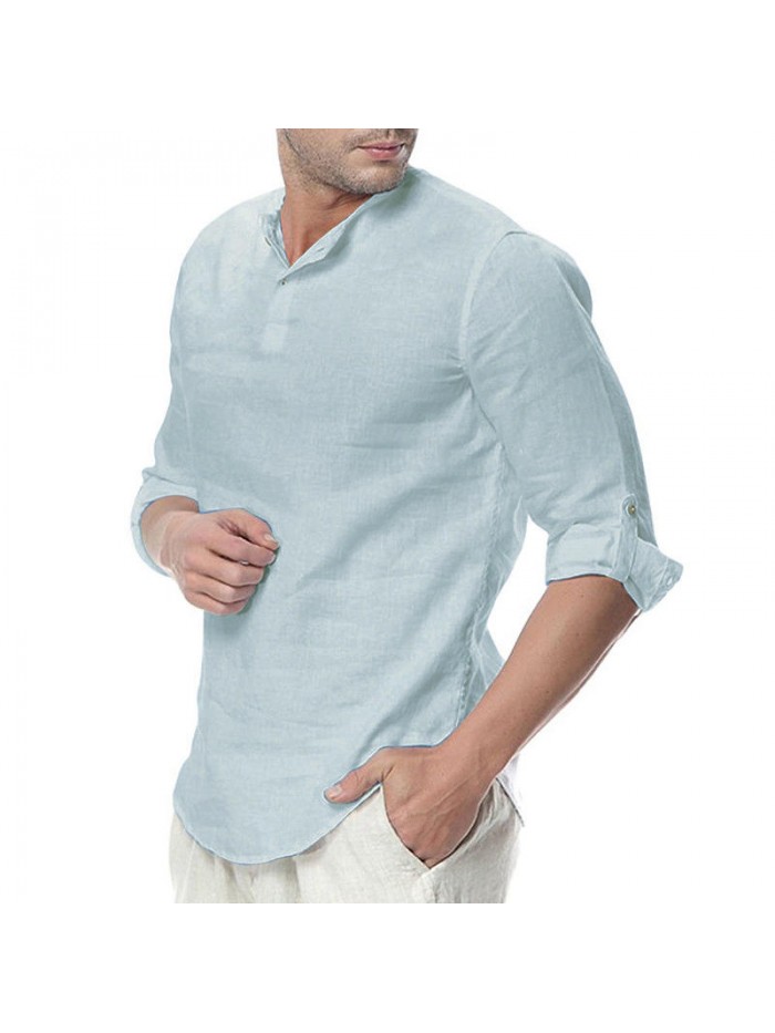 Mens Cotton Button Neck Casual Long Sleeve Slim Fit Shirt Tee Tops