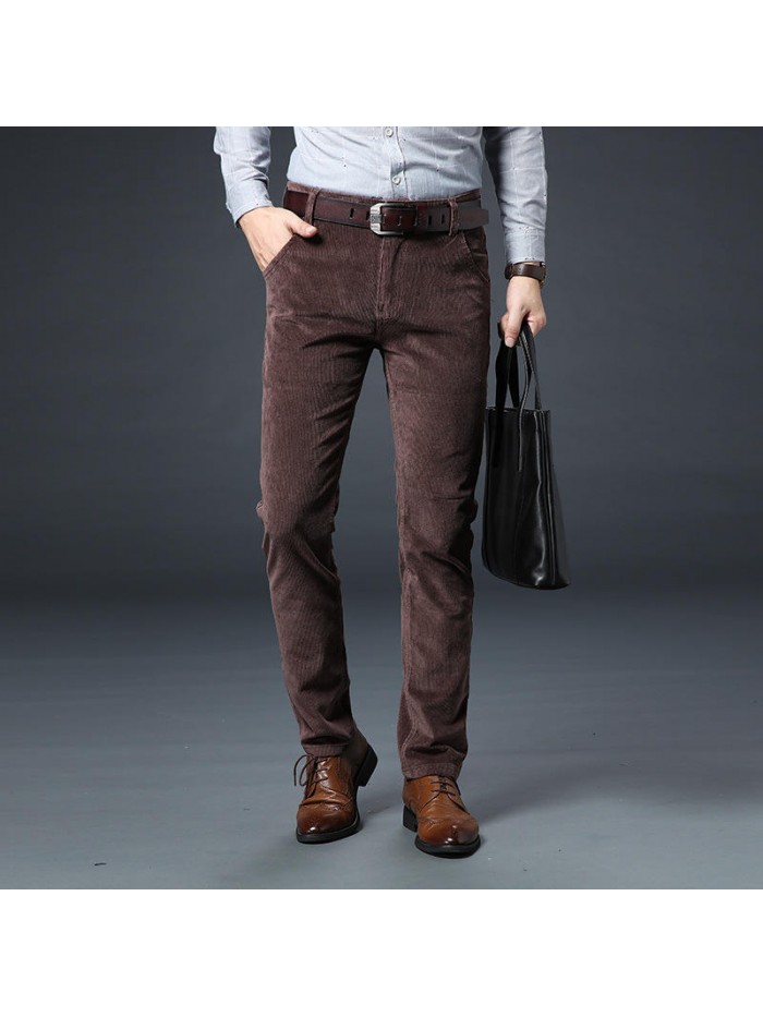 Casual Warm Corduroy Solid Color Trousers Soft Business Zipper Fly Straight Pants for Men