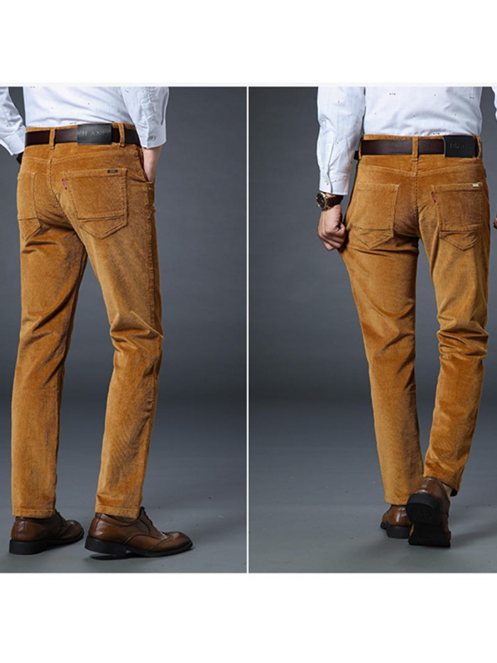 Casual Warm Corduroy Solid Color Trousers Soft Business Zipper Fly Straight Pants for Men